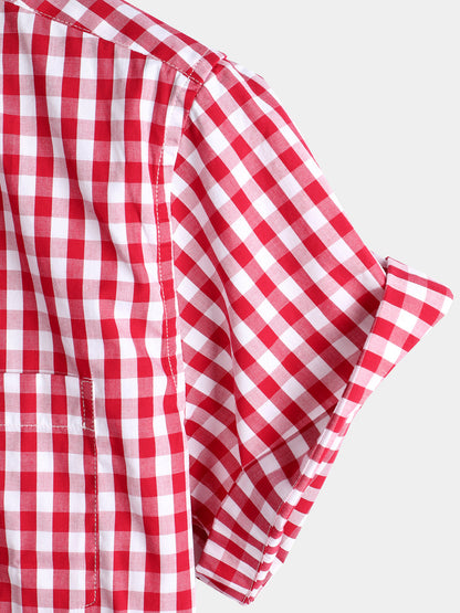 Men's Plaid Cotton Casual Solid Color Pocket Summer Holiday Button Up Short Sleeve Shirt