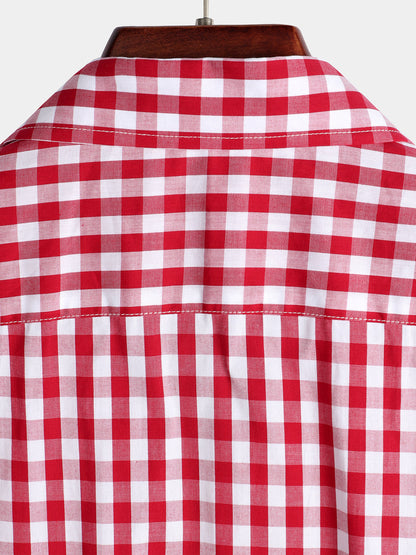 Men's Plaid Cotton Casual Solid Color Pocket Summer Holiday Button Up Short Sleeve Shirt