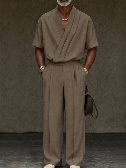 Contemporary Pleated Cross Placket Shirt Pants Set