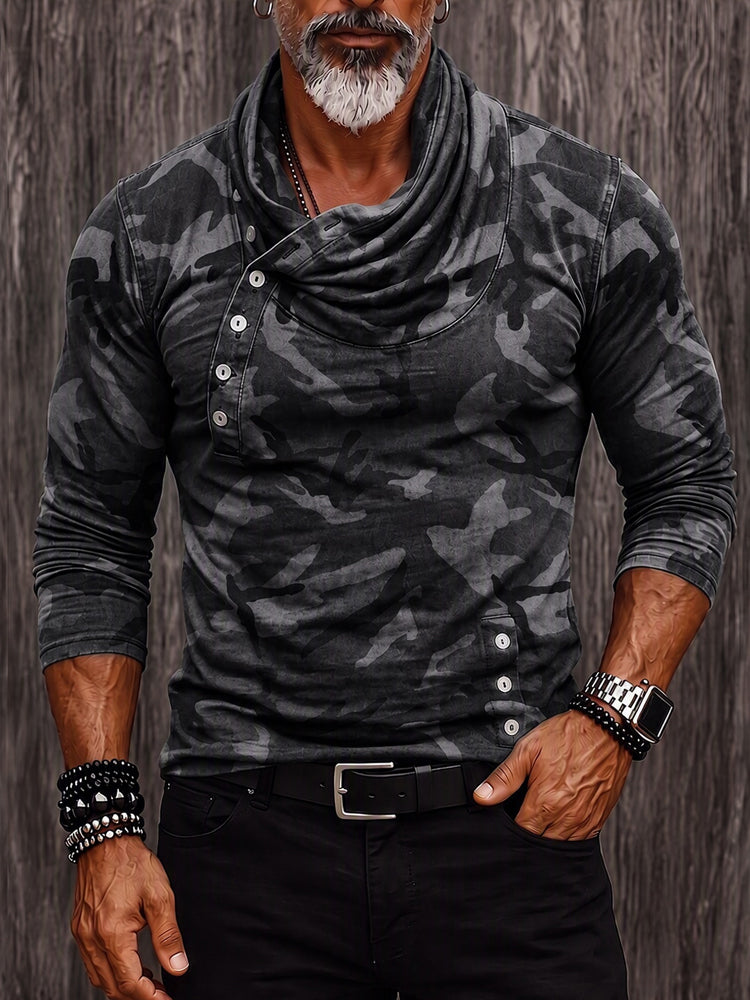Stylish Camouflage Print Cowl Neck Pullover Top