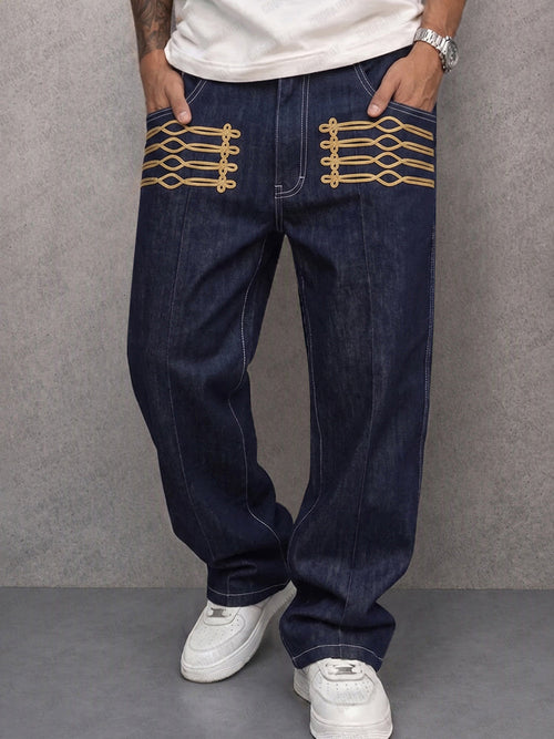 Casual Gold Frogged Detail Faux Denim Pants
