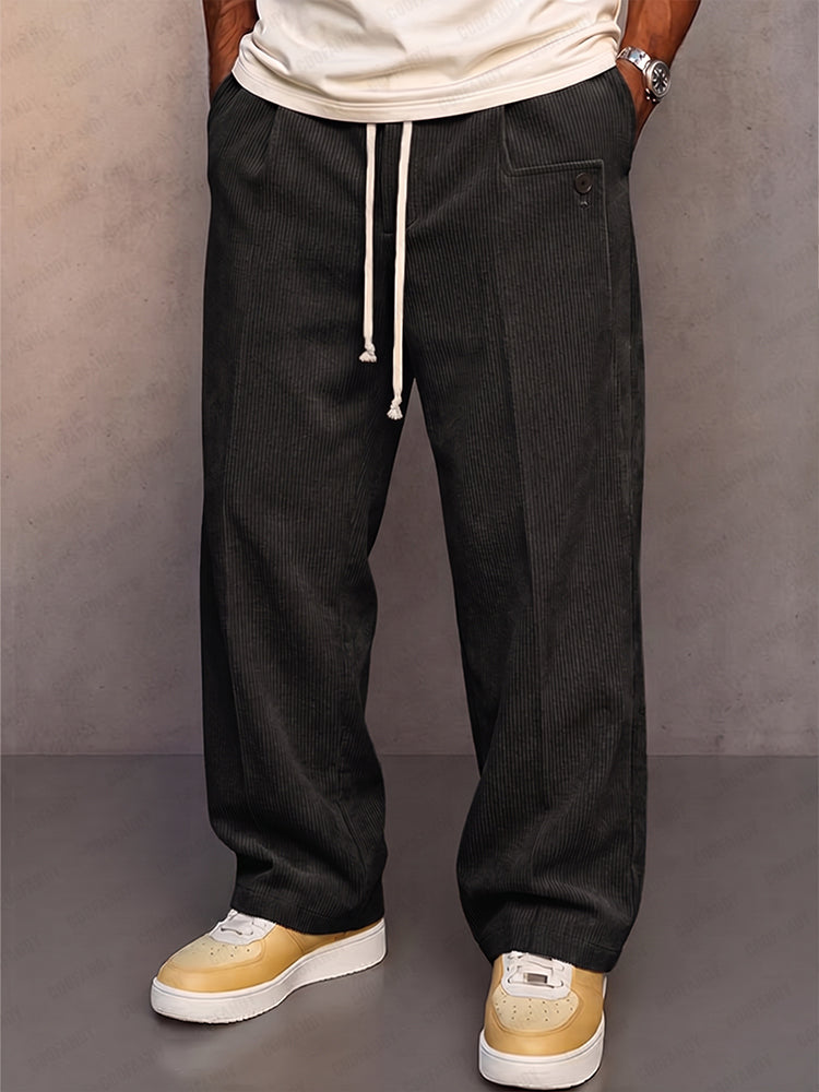 Casual Straight Cut Drawstring Corduroy Pants