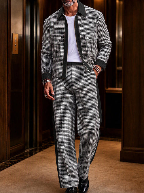 Modern Faux Suede Trim Houndstooth Co-Ord Set