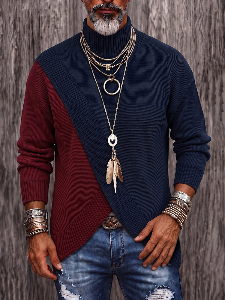 Stylish Two-Tone Ribbed Turtleneck Sweater