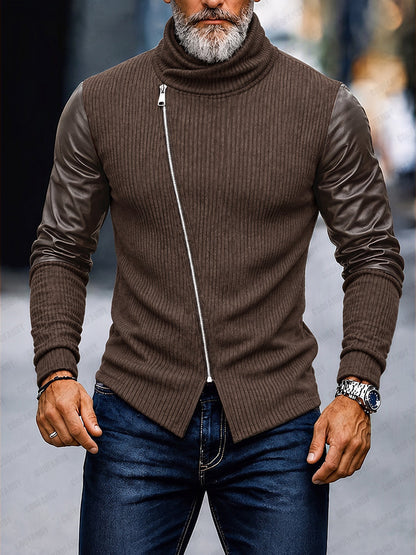 Statement Turtleneck Asymmetrical Zip PU Sleeves Sweater