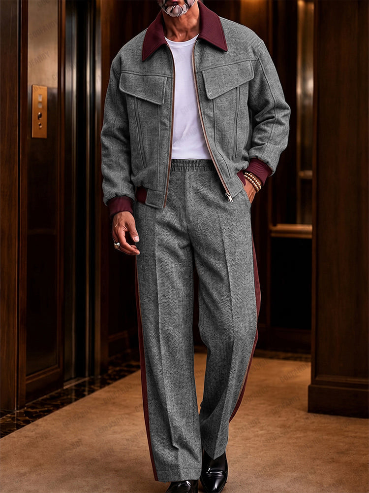 Retro Herringbone Color Block Jacket Pants Set