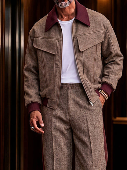 Retro Herringbone Color Block Jacket Pants Set