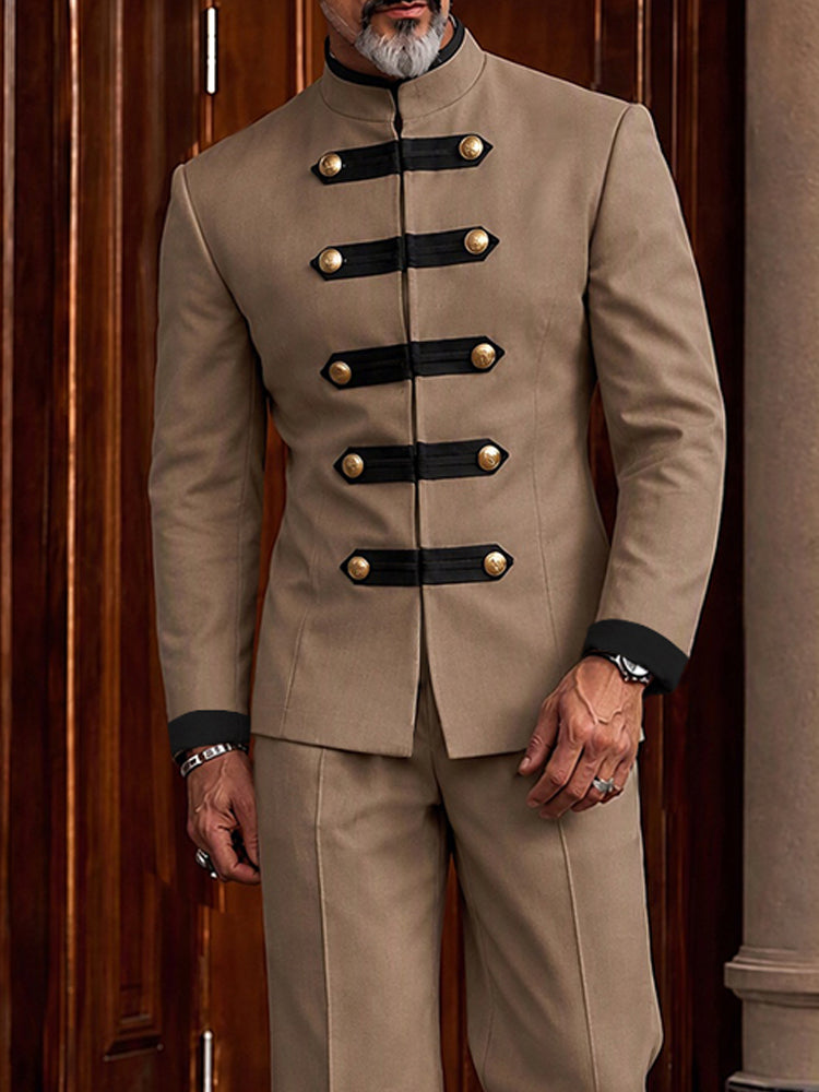 Military Style Mandarin Collar Zip Jacket Set