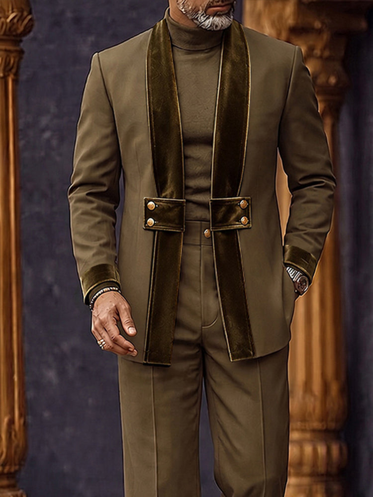 Smart Casual Velvet Patchwork Blazer Pants Set