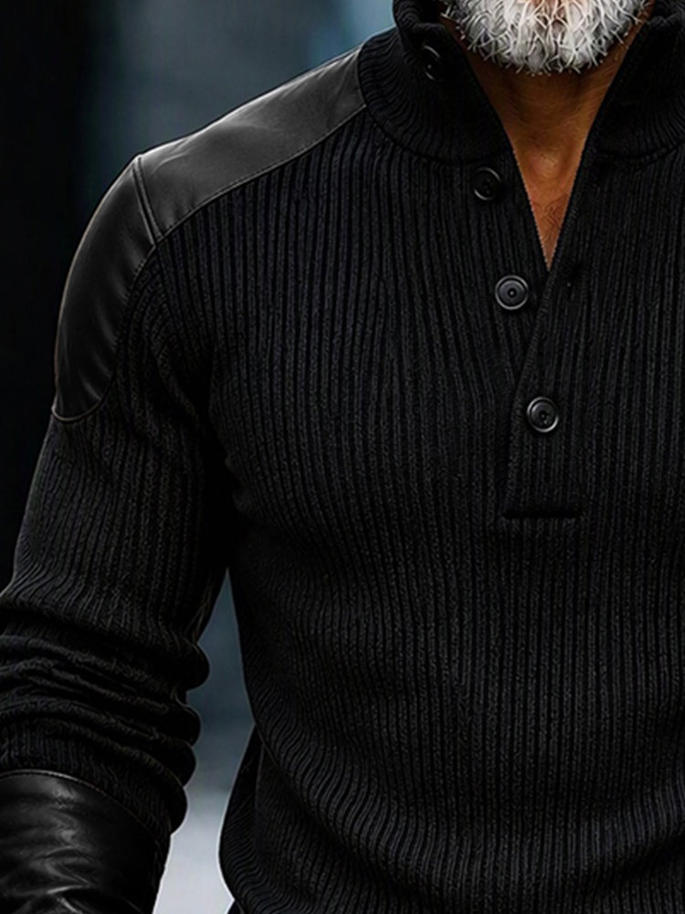 Stylish Faux Leather Panel Knit Pullover Top