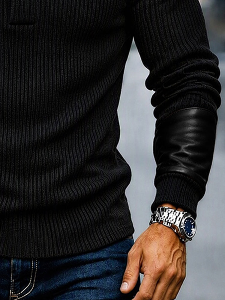 Stylish Faux Leather Panel Knit Pullover Top
