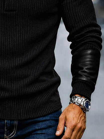 Stylish Faux Leather Panel Knit Pullover Top