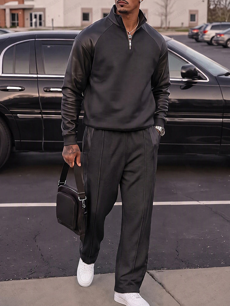Urban Casual Faux Leather Panel Sweatsuit Set