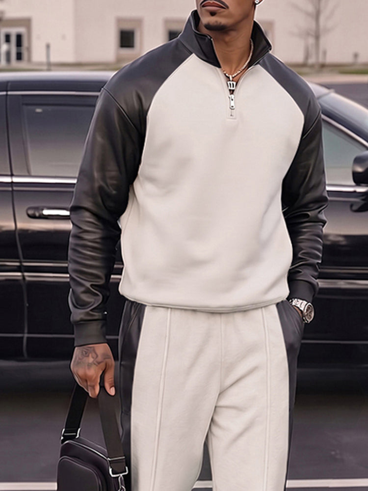 Urban Casual Faux Leather Panel Sweatsuit Set