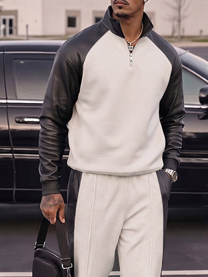 Urban Casual Faux Leather Panel Sweatsuit Set