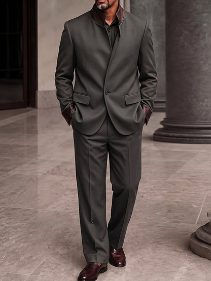 Smart Casual Faux Leather Trim Blazer Set