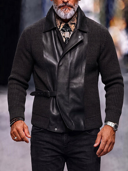 Retro Faux Leather Patchwork Cardigan Jacket