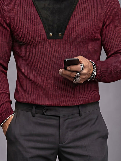 Retro Faux Suede Patchwork Turtleneck Knit Top