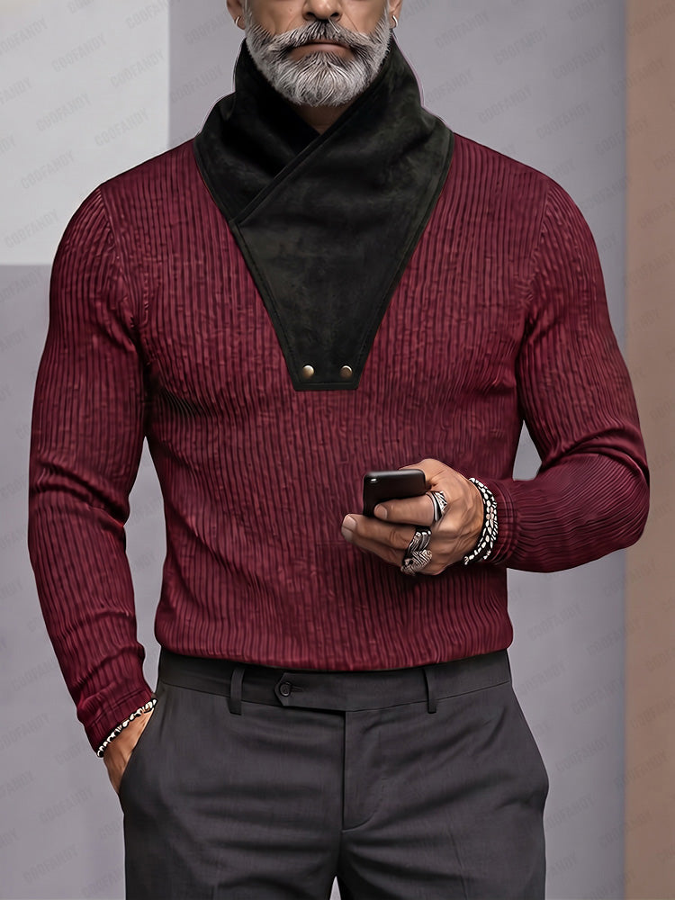 Retro Faux Suede Patchwork Turtleneck Knit Top