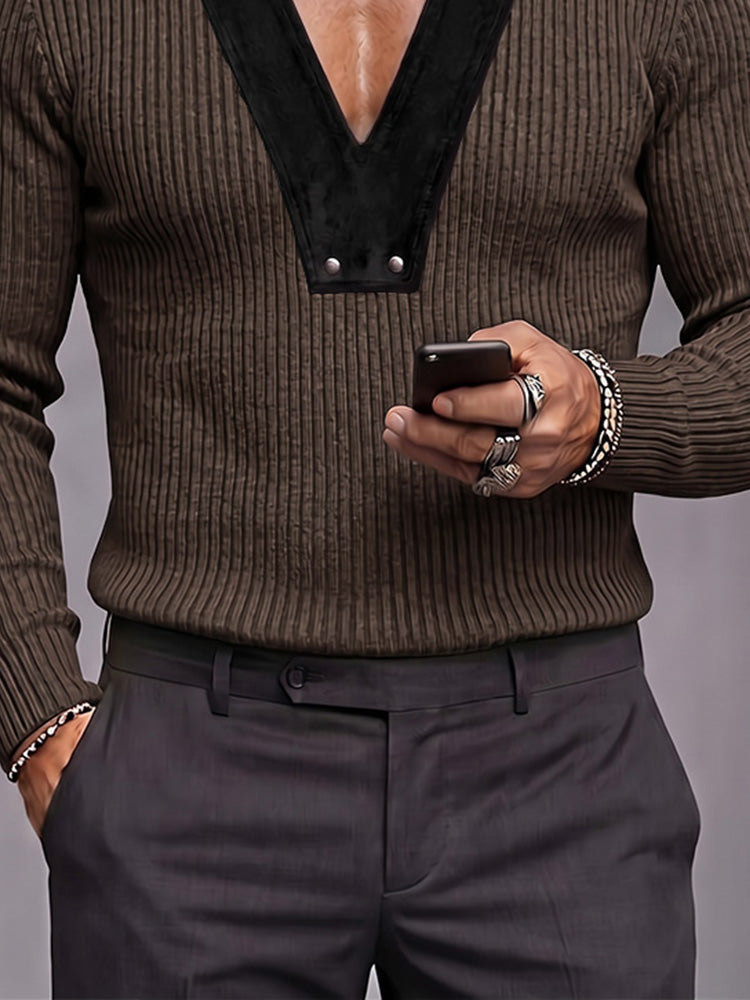 Casual Contrast V-Neck Knit Pullover Top