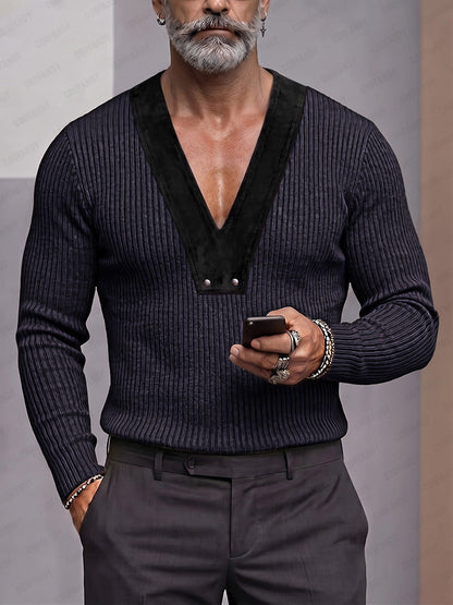 Casual Contrast V-Neck Knit Pullover Top