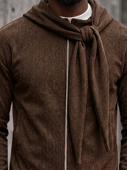Casual Relaxed Fit Ribbed Zip-Up Hoodie