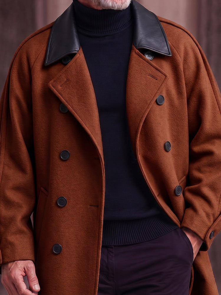 Casual Contrast Lapel Double-Breasted Overcoat