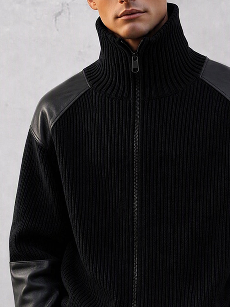Casual Faux Leather Panel Stand Collar Knit Cardigan