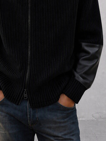 Casual Faux Leather Panel Stand Collar Knit Cardigan