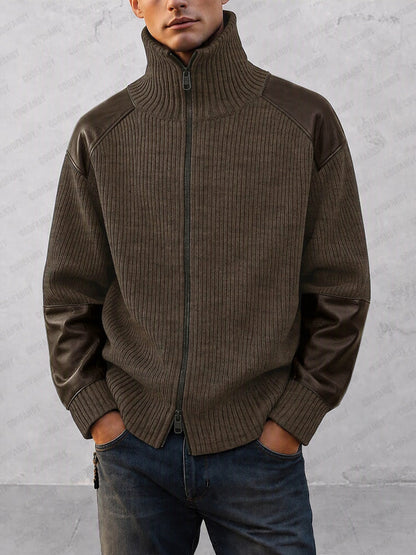 Casual Faux Leather Panel Stand Collar Knit Cardigan