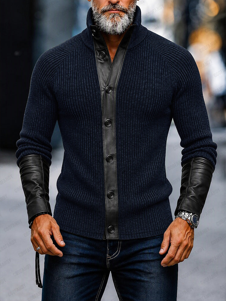 Streetwear Faux Leather Patchwork Knit Cardigan