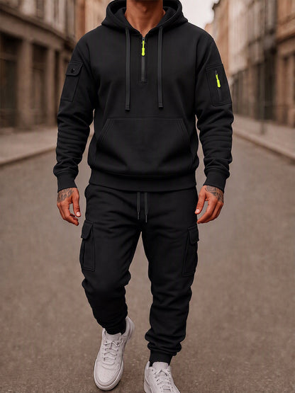 Fleece-Lined Cargo Hooded Tracksuit Set