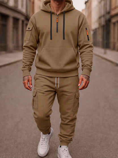 Fleece-Lined Cargo Hooded Tracksuit Set