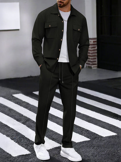 Waffle Knit Lapel Collar 2-Piece Shirt Set