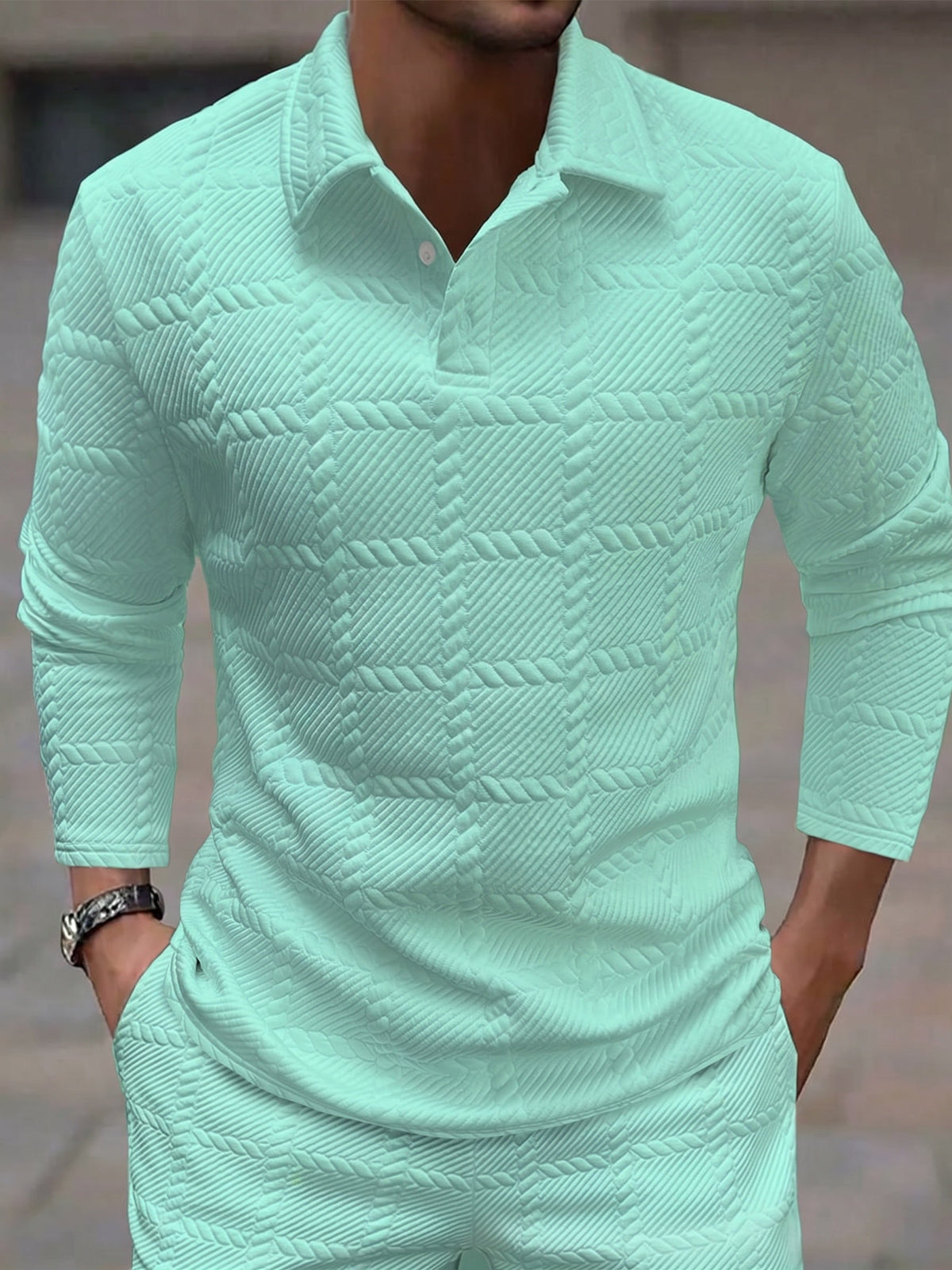 Textured Jacquard Long Sleeve Polo Shirt