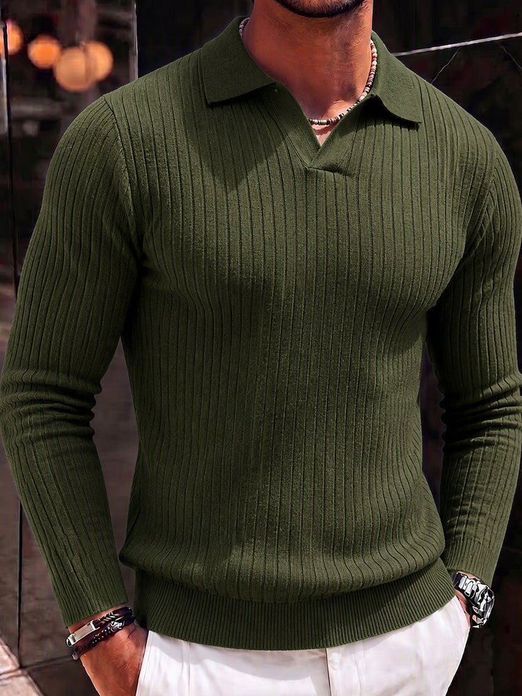 Minimalist Long Sleeve Ribbed Knit Polo Shirt