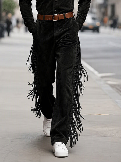 Western Faux Suede Long Fringe Straight Flare Trousers