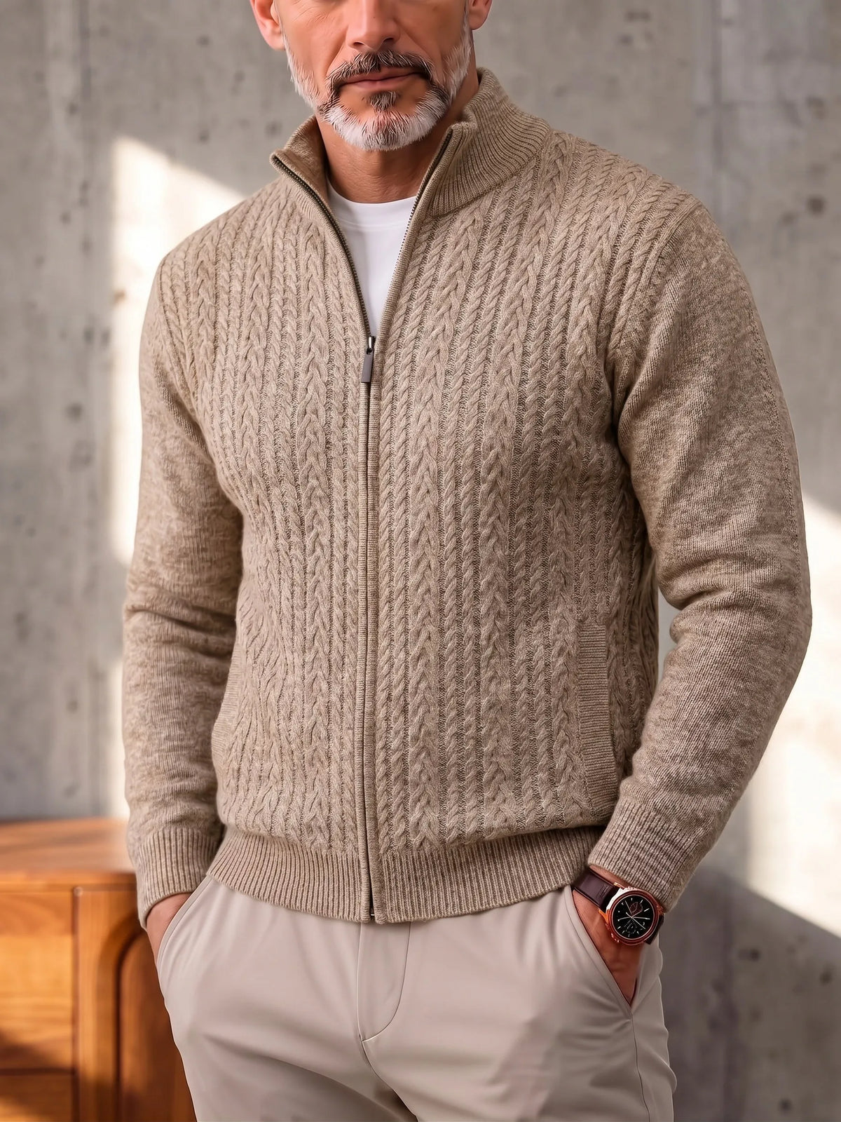 Cable Knit Full Zip Cardigan Sweater Vintage Stand Collar Jacket