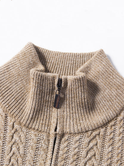 Cable Knit Full Zip Cardigan Sweater Vintage Stand Collar Jacket