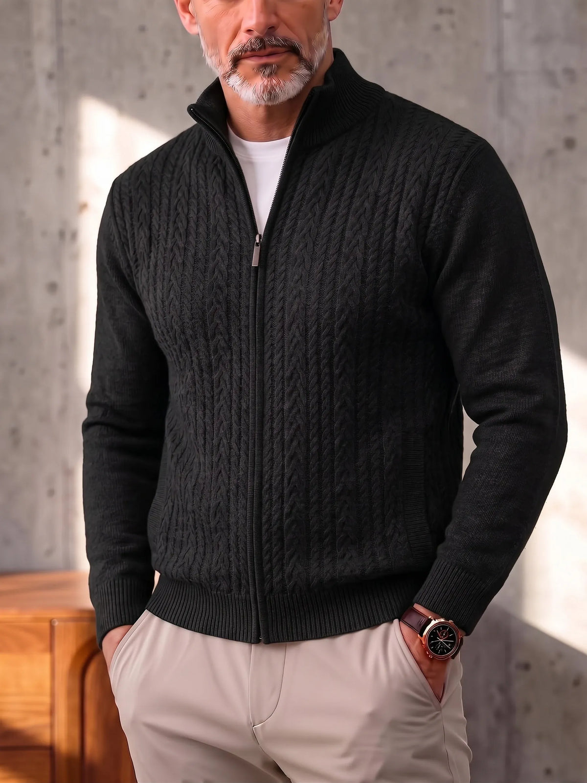 Cable Knit Full Zip Cardigan Sweater Vintage Stand Collar Jacket