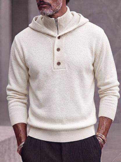 Double Collar Quarter-Zip Button Hooded Knit Pullover Sweater