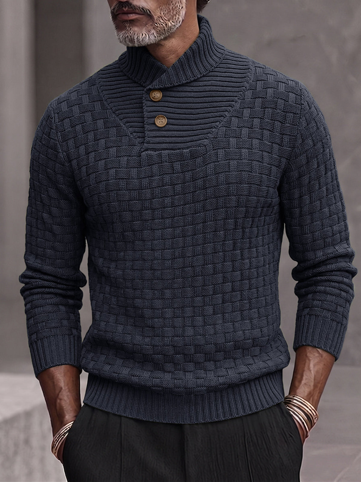 Men's Shawl Mock Neck Textured Knit Pullover Sweater