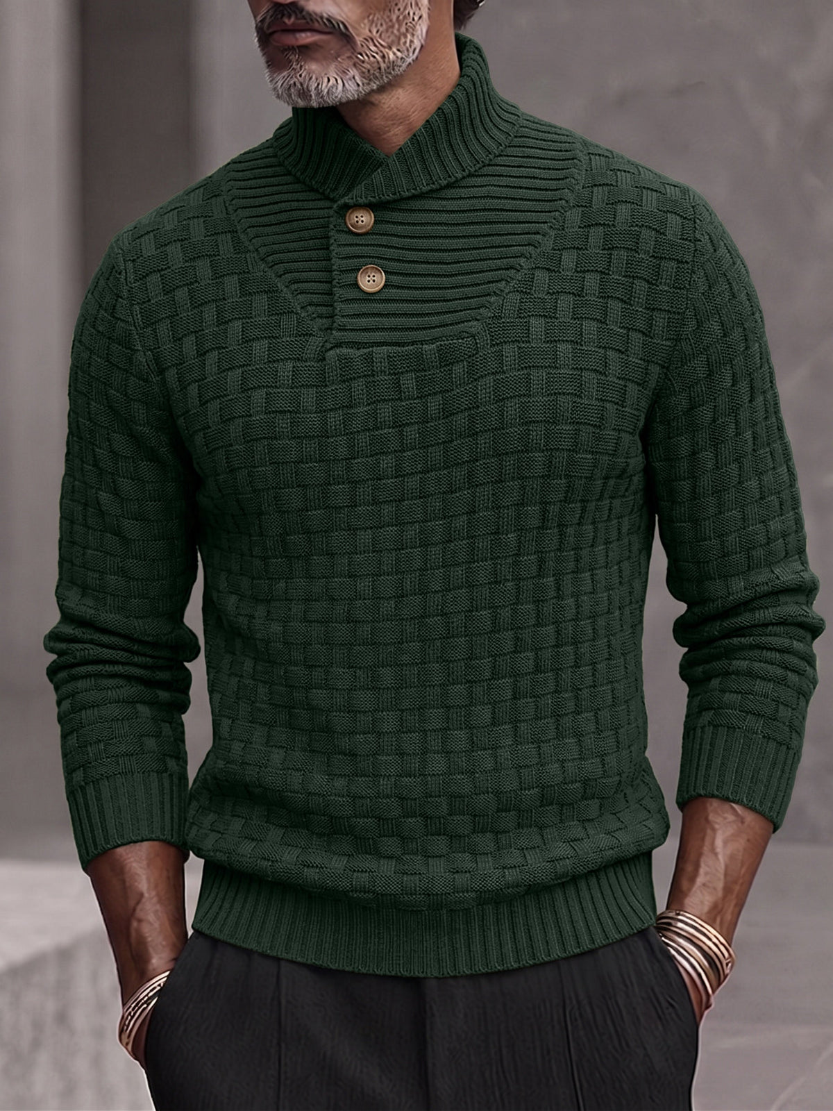 Men's Shawl Mock Neck Textured Knit Pullover Sweater