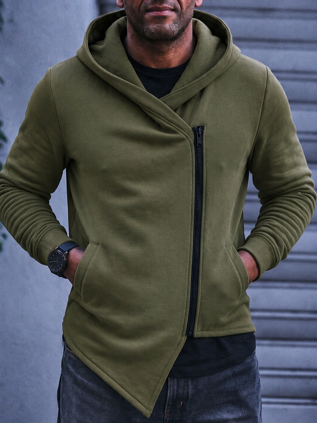 Asymmetric Diagonal Zip Hoodie Streetwear Casual Fleece Jacket