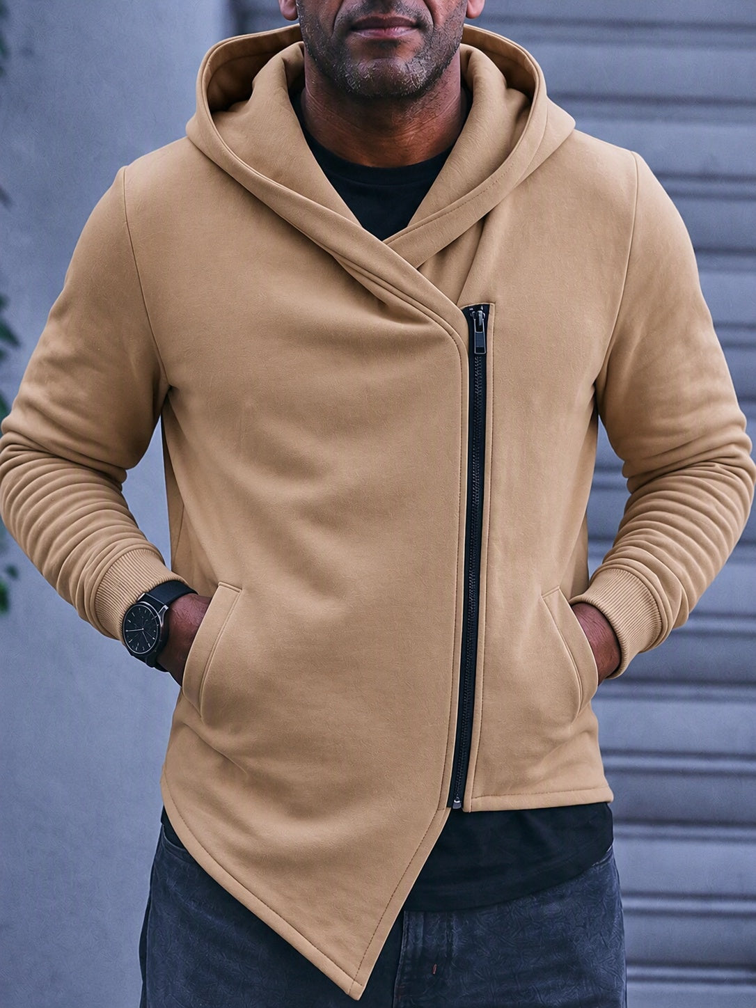Asymmetric Diagonal Zip Hoodie Streetwear Casual Fleece Jacket