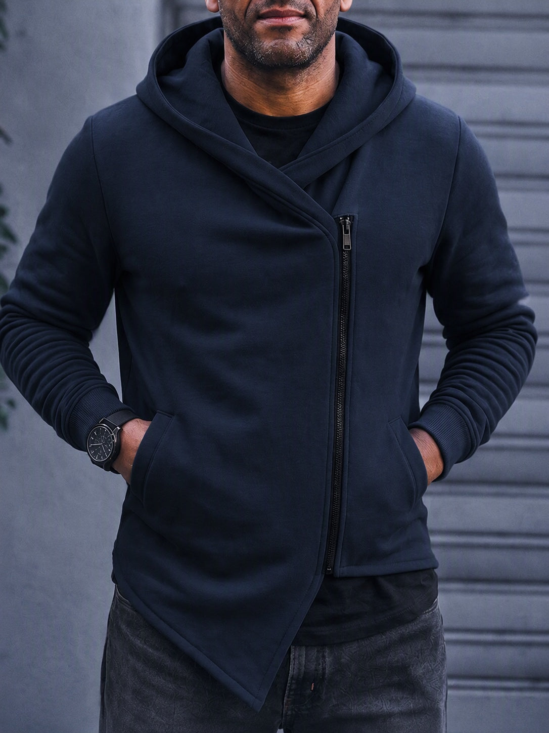 Asymmetric Diagonal Zip Hoodie Streetwear Casual Fleece Jacket
