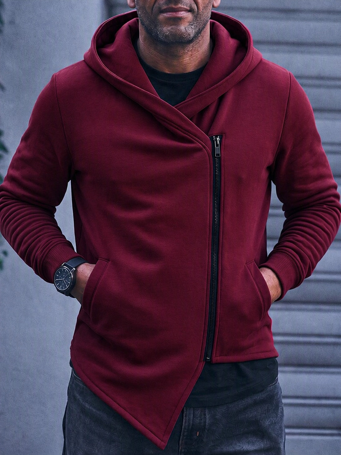 Asymmetric Diagonal Zip Hoodie Streetwear Casual Fleece Jacket