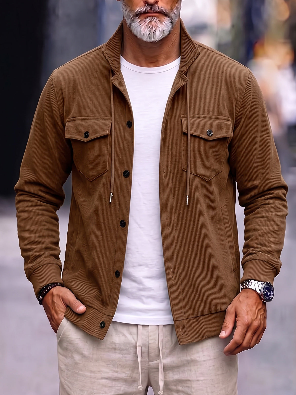 Corduroy Stand Collar Shirt Jacket with Pockets