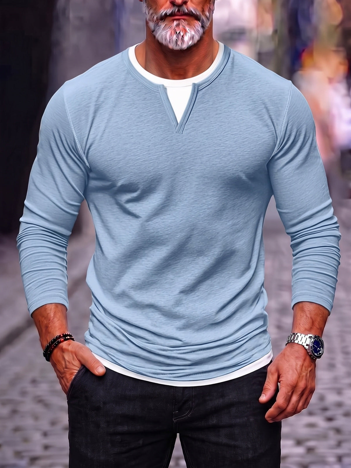Men's Notch V-Neck Layered Hem Long Sleeve Shirt