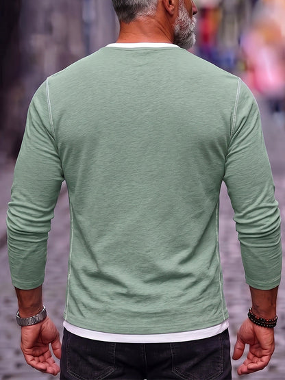 Men's Notch V-Neck Layered Hem Long Sleeve Shirt